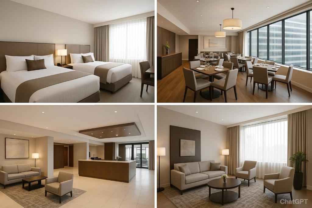 Asal Group of cottages في Dandpur: غرفة فندقية مع سرير وغرفة طعام