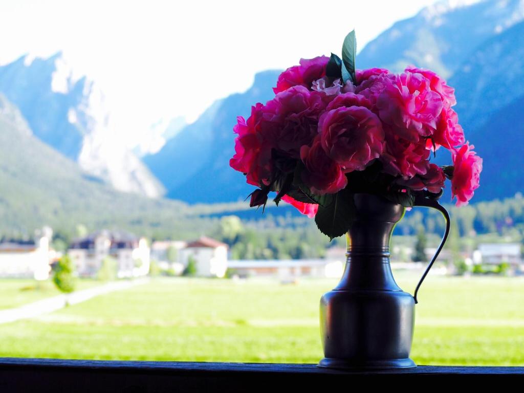 um vaso cheio de flores cor-de-rosa numa janela em Villa Pircher em Dobbiaco