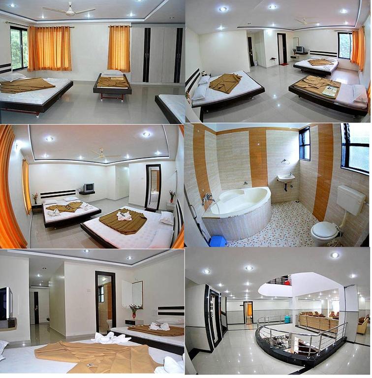 a collage of four pictures of a hotel room at KDM Hotel Sai Geeta Shirdi a walk away from Saibaba Temple in Shirdi