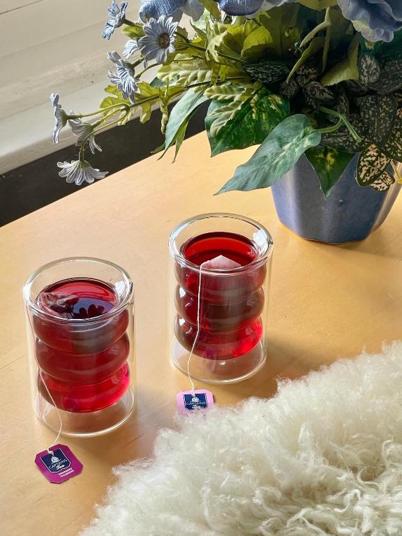 two glass jars filled with red liquid sitting on a table at Cosy Sunset Flat - Kongress Palais & Herkules View in Kassel