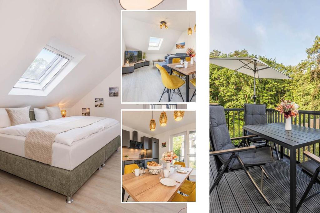 un collage di foto di una camera da letto e di una casa di FeWo Kleckerburg a Kolpinsee