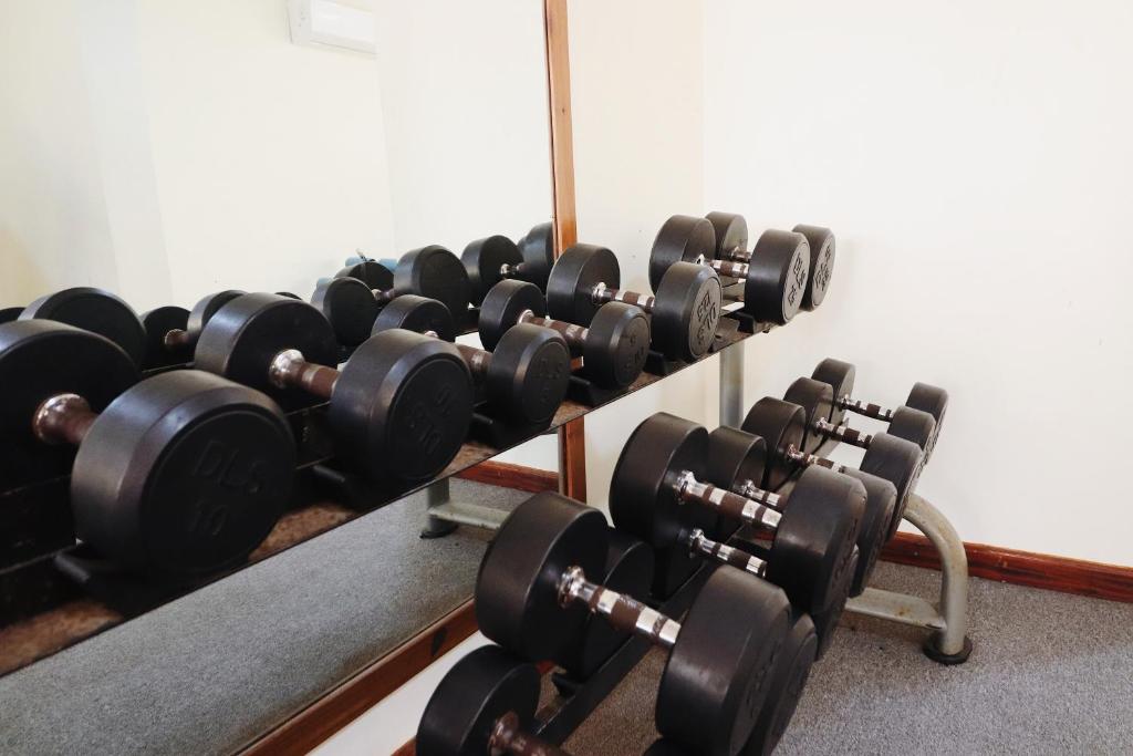 a row of dumbbells on display in a gym at Jambiani lodge house in Jambiani
