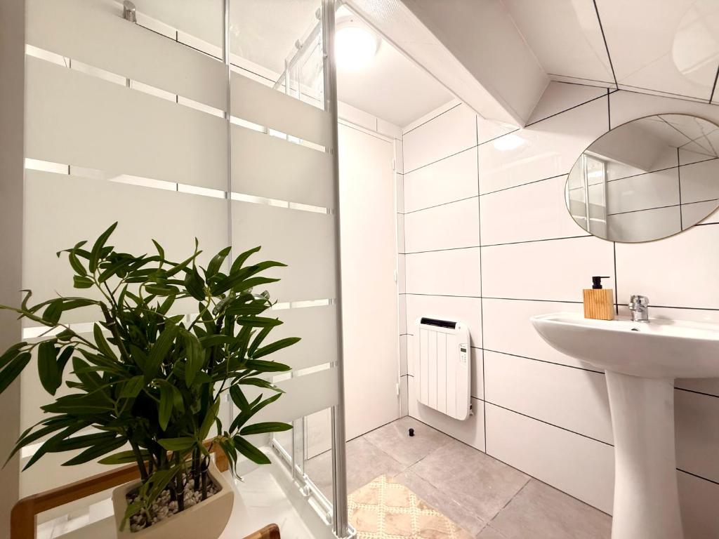 a bathroom with white walls and a sink and a potted plant at Studio Verde - Disney - Meaux City Center - Paris in Meaux