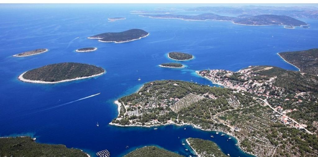 an aerial view of a group of islands in the water at Apartments Voga in Maslinica