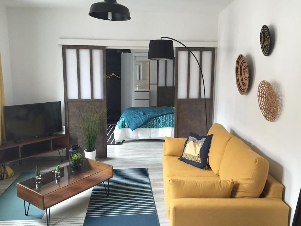 un salon avec un canapé et un lit dans l'établissement Loft décoration Seventies, à Elbeuf