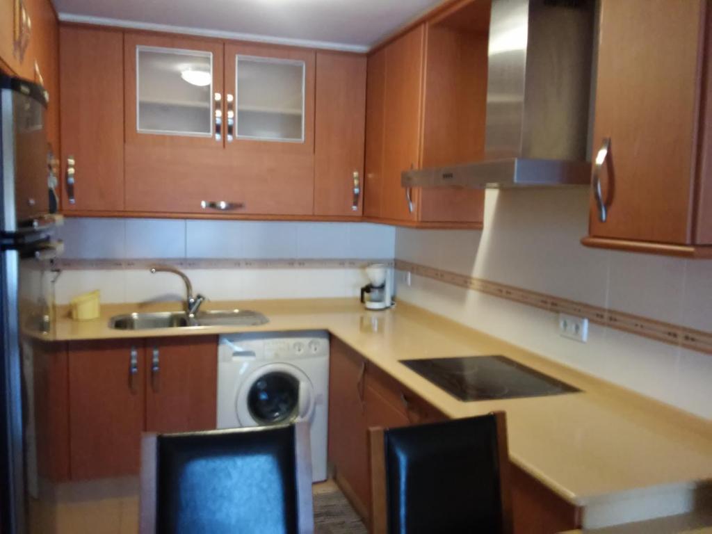 a kitchen with a sink and a washing machine at Apartamentos As Caldelas in O Grove