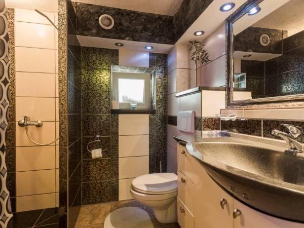 a bathroom with a sink and a toilet and a mirror at Willa Solina in Solina
