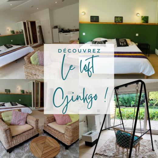 a collage of pictures of a bedroom with a bed and chairs at Domaine des Célestins - Loft Ginkgo in Bernay-en-Ponthieu