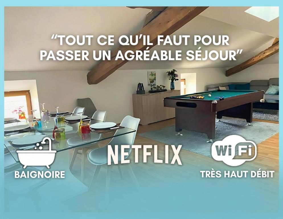 a living room with a ping pong table in a room at Grand Loft avec Billard Netflix et Climatisation in Socourt