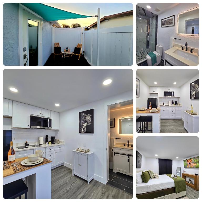 a collage of photos of a kitchen and a living room at The Executive Landing , 1BR, 7 TPA Airport, AC, Free Pkng, Wine, Fast Wi-Fi in Tampa