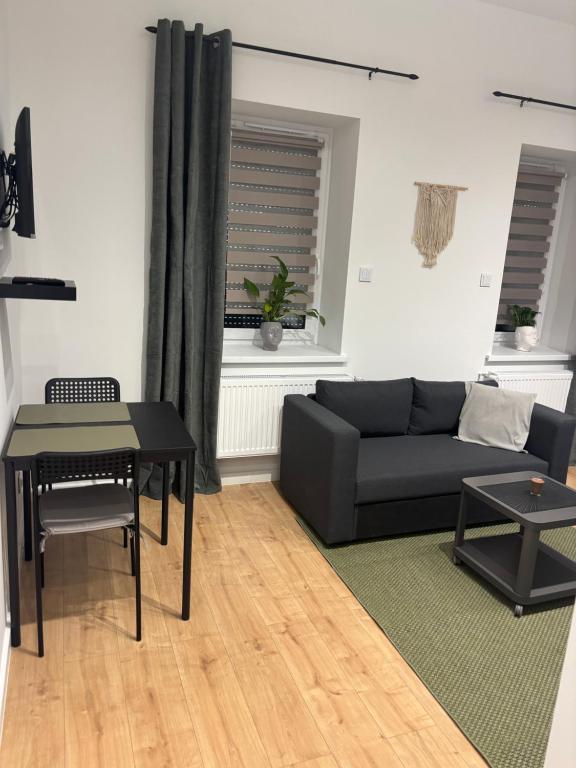 a living room with a black couch and a table at Apartament Trocera 2 in Zabrze