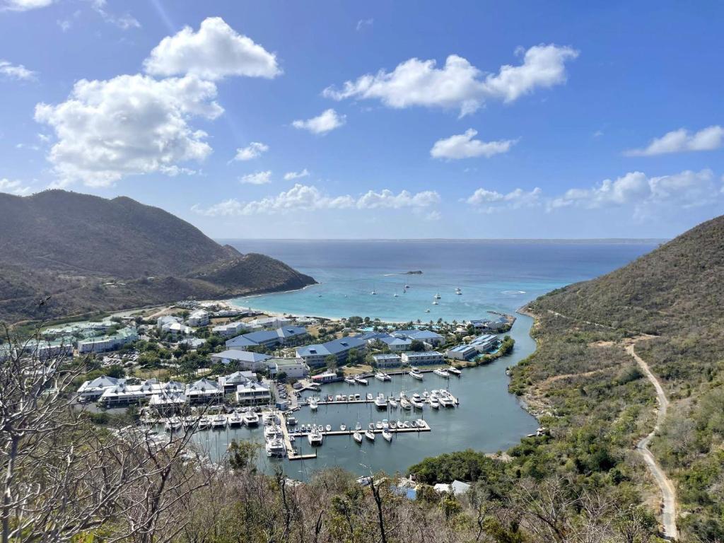 an aerial view of a marina with boats in the water at Saint-Martin: Appart Luxueux 2 Niveaux avec Terrasse, Piscine, Connexion Fibre et Climatisation - FR-1-734-69 in Marigot