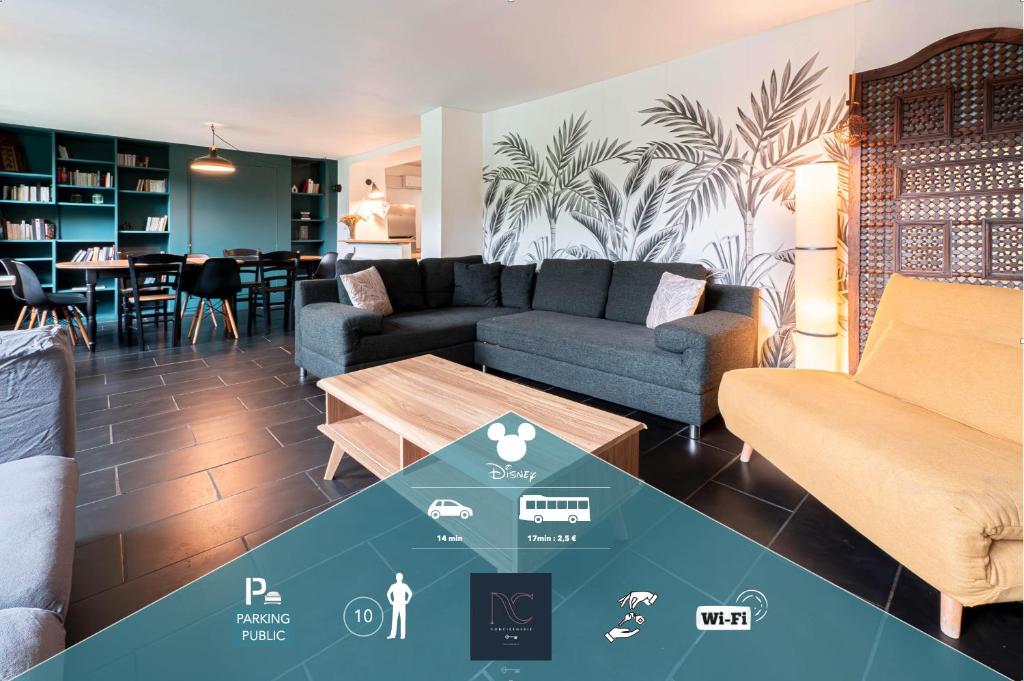 a living room with a couch and a table at Disneyland-Paris-15 min, Maison atypique, 10 pers in Chanteloup-en-Brie