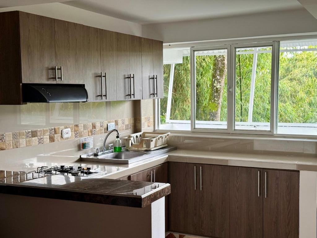 a kitchen with wooden cabinets and a sink and windows at GURUS FR Luminoso Amplio Cómodo en excelente ubicación in Pereira