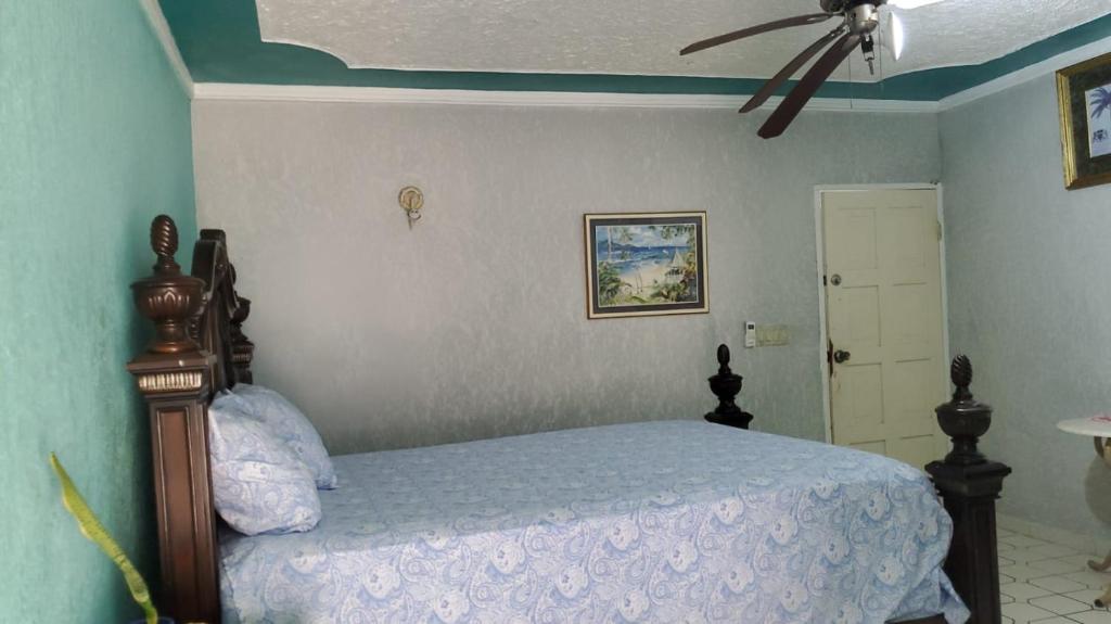 a bedroom with a bed and a ceiling fan at Seaview Luxury Retreats in Montego Bay