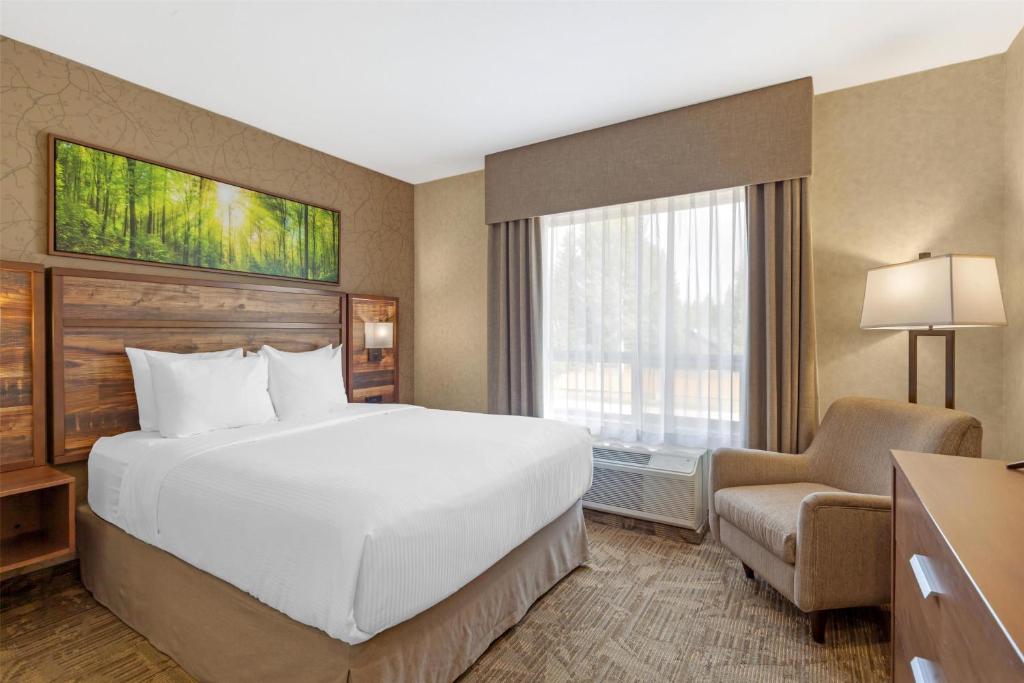 a hotel room with a large bed and a chair at Best Western Plus Valemount Inn & Suites in Valemount