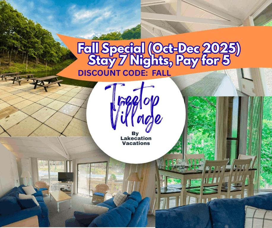 Four SeasonsにあるTreehouse Treetop Village106-3bed3bapools-8ppの10月の秋の特別企画のチラシのコラージュ