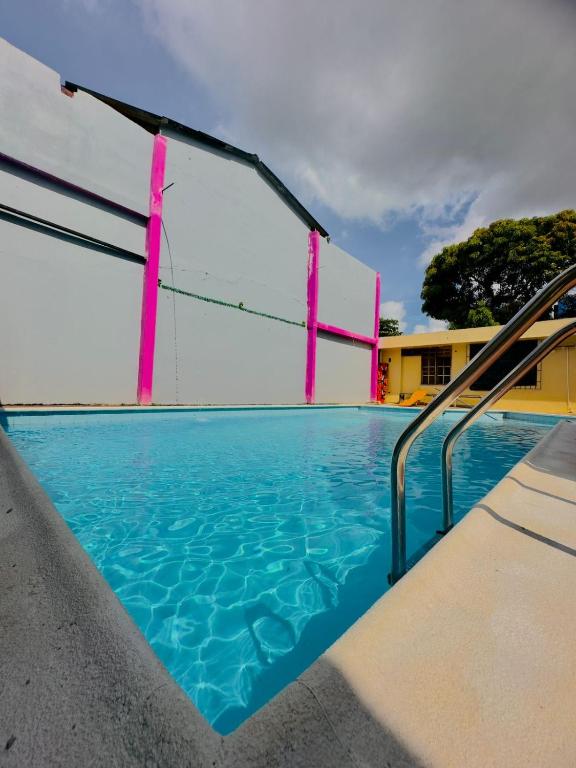 a swimming pool with blue water and pink at AMAZONAS EXPLORERS LETICIA in Leticia