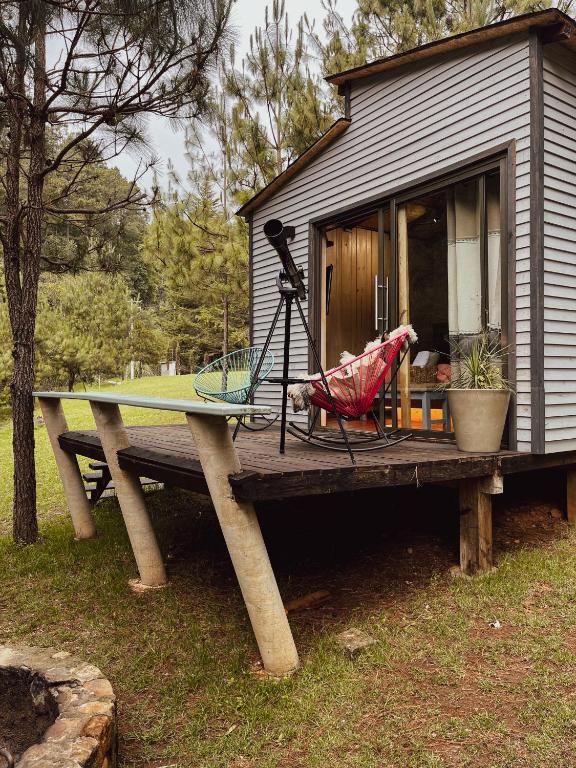 a house with a surfboard on top of a table at Tiny Cozy Cabin las moras in San Mateo Río Hondo