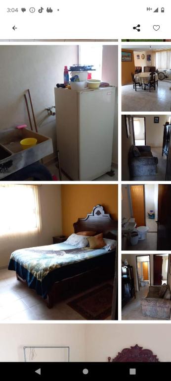 a collage of photos of a room with a bed and a refrigerator at casa de campo in Jicolapa