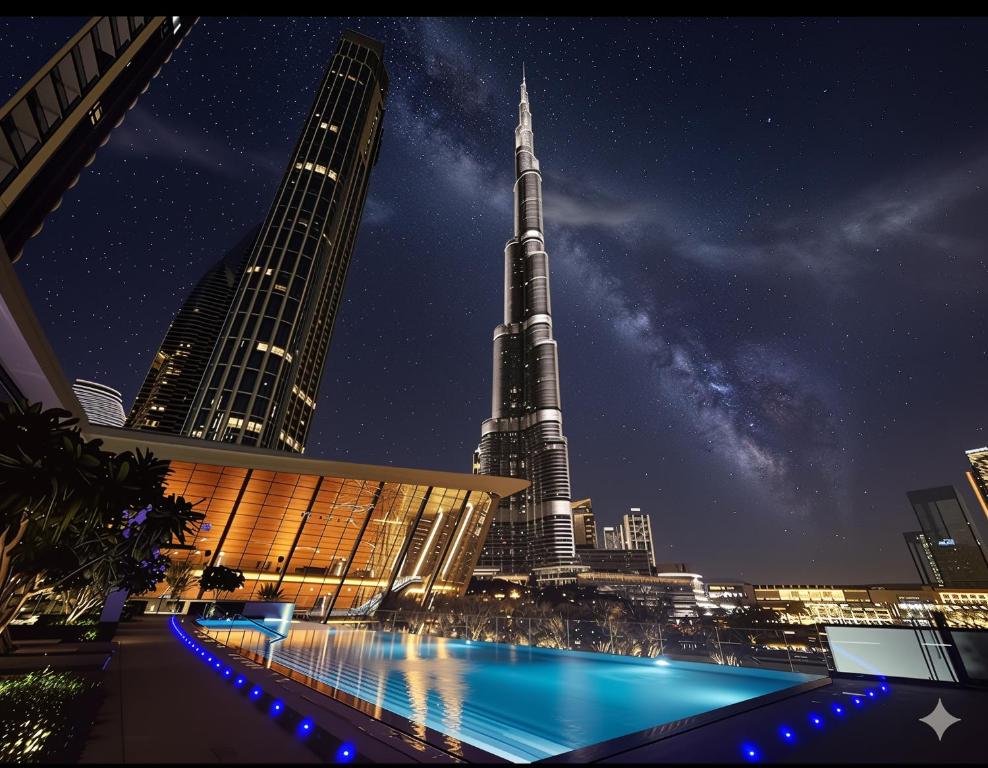 a view of the burj khalifa at night at Dubai Skyline Balcony Views near Burj Khalifa & Dubai Mall Luxury 2BR - Like Home in Dubai