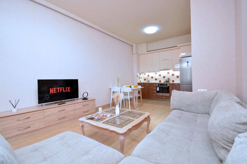 Μια τηλεόραση ή/και κέντρο ψυχαγωγίας στο Cozy Modern Apartment with Balcony