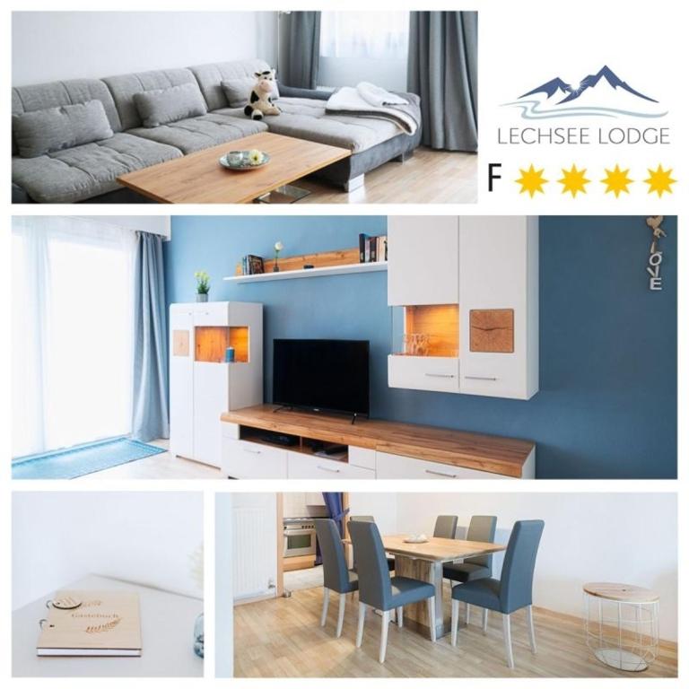 a living room with a couch and a table at Lechsee Lodge - Haus Bergliebe Nr 4 in Lechbruck