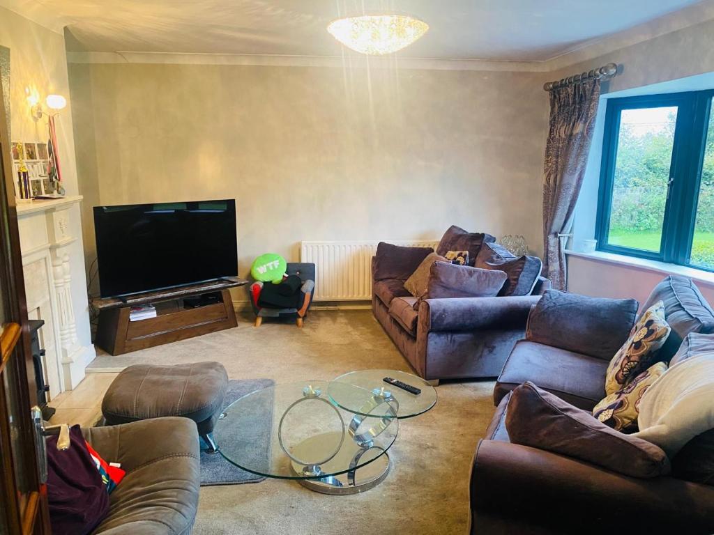 a living room with couches and a flat screen tv at Lisheem Lodge in Limerick