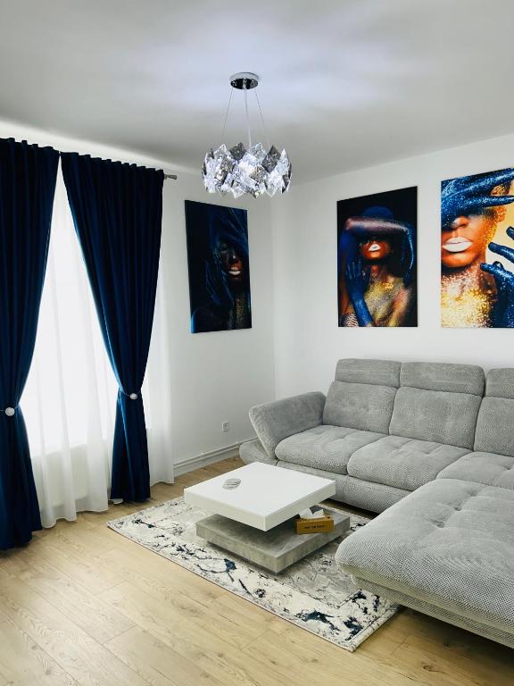ein Wohnzimmer mit Sofa und Tisch in der Unterkunft Blue Queen in Fălticeni