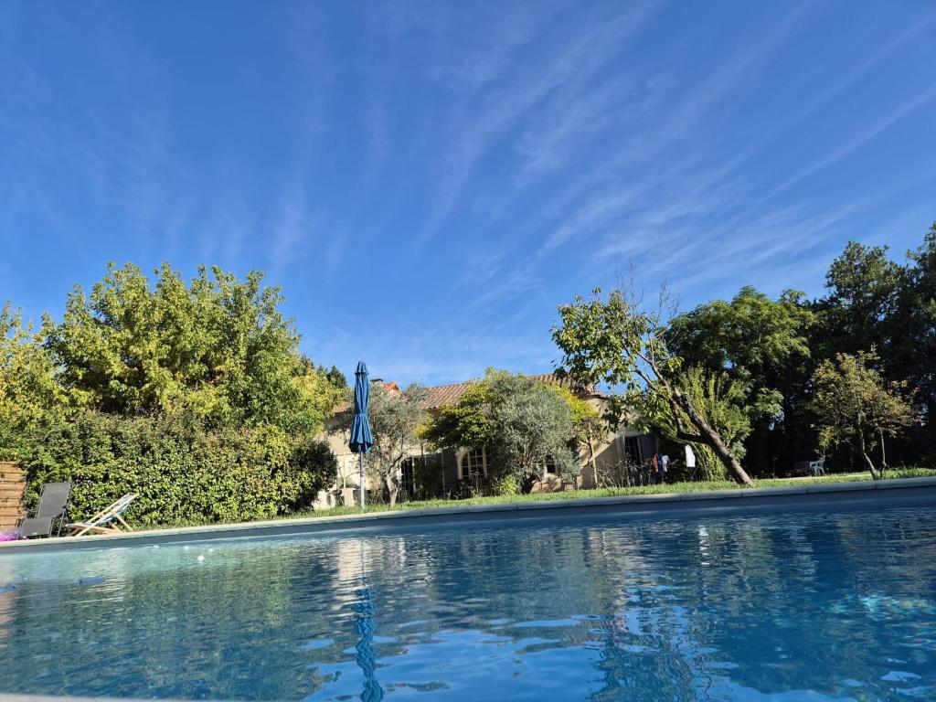 a pool of water with trees and a house at LA LEZARDIERE CHEZ HUGUES in Saint-Rémy-de-Provence