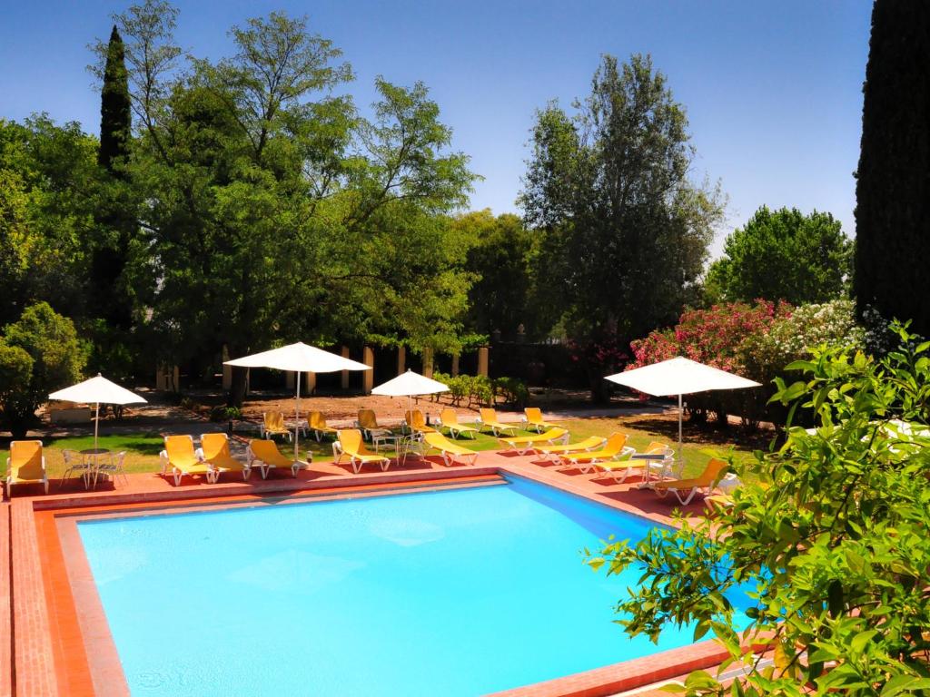 einen Pool mit Liegestühlen und Sonnenschirmen in der Unterkunft Pousada Castelo de Alvito in Alvito