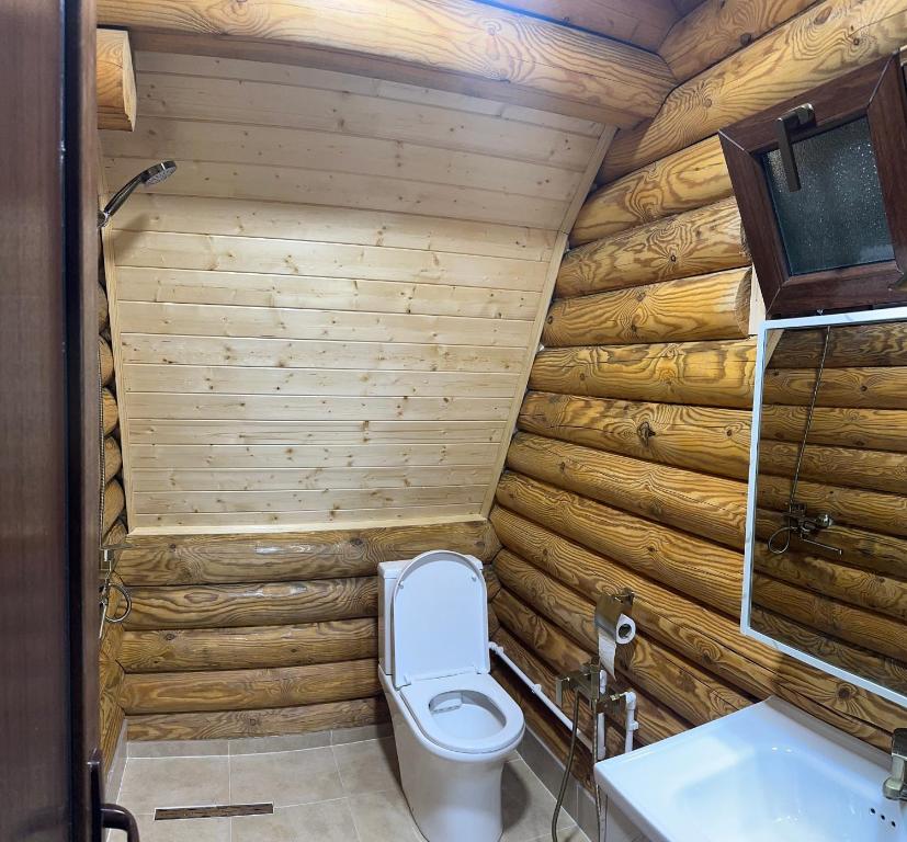 La salle de bains en bois est pourvue de toilettes et d'un lavabo. dans l'établissement Borjomi-sadgeri comfort, à Bordjomi