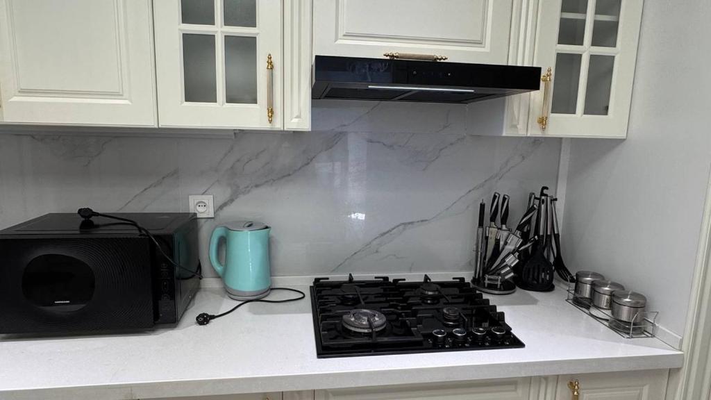 a kitchen counter with a stove and a microwave at Almazar, Huvaydo apartament in Aktepa-Chigatay