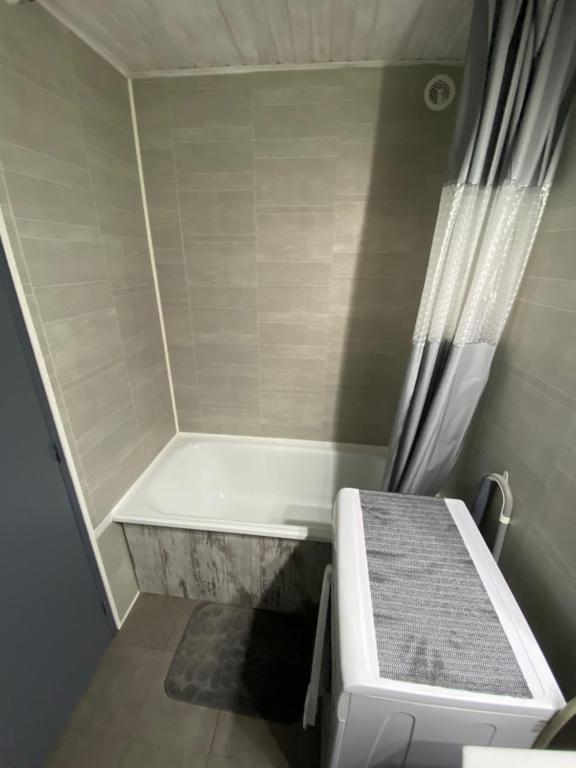 a small bathroom with a bath tub and a toilet at T2 Familial - 250 m front de mer, plage, seaquarium - parking privé - Bienvenue en occitanie in Le Grau-du-Roi