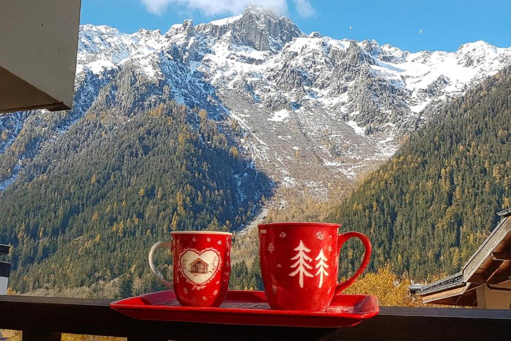two red coffee mugs sitting on a tray in front of a mountain at Le Sapi 1E Balcon panoramique Aiguilles Rouges avec parking gratuit in Chamonix-Mont-Blanc