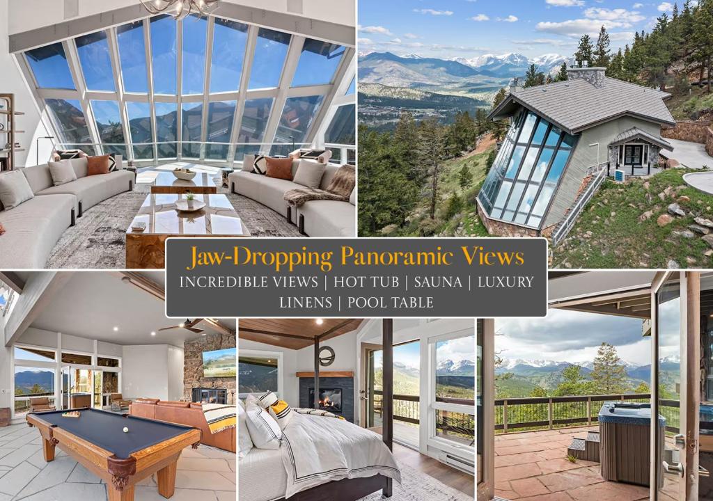 a collage of pictures of a mansion with mountains at Casa de Cristal-Epic Views-HotTub-Sauna-Sleeps 10-Luxury Linens-Stocked Kitchen in Estes Park