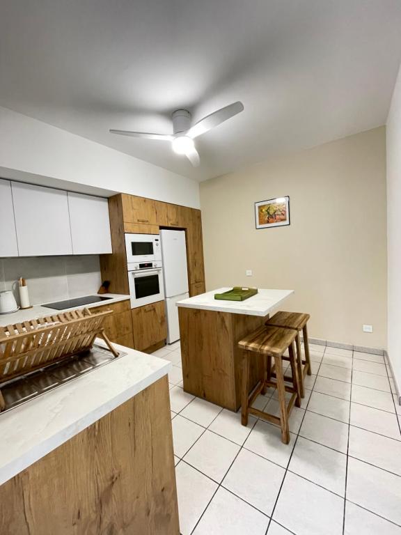 a kitchen with wooden cabinets and a white counter top at La Terrasse des Maldives in Saint-Paul