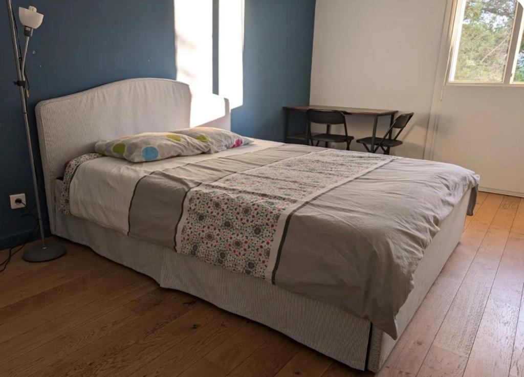 a large bed in a bedroom with a blue wall at Chez Nicolas , 2 chambres de 17m carré et 9m carré, place de parking inclus dans résidence in Marseille
