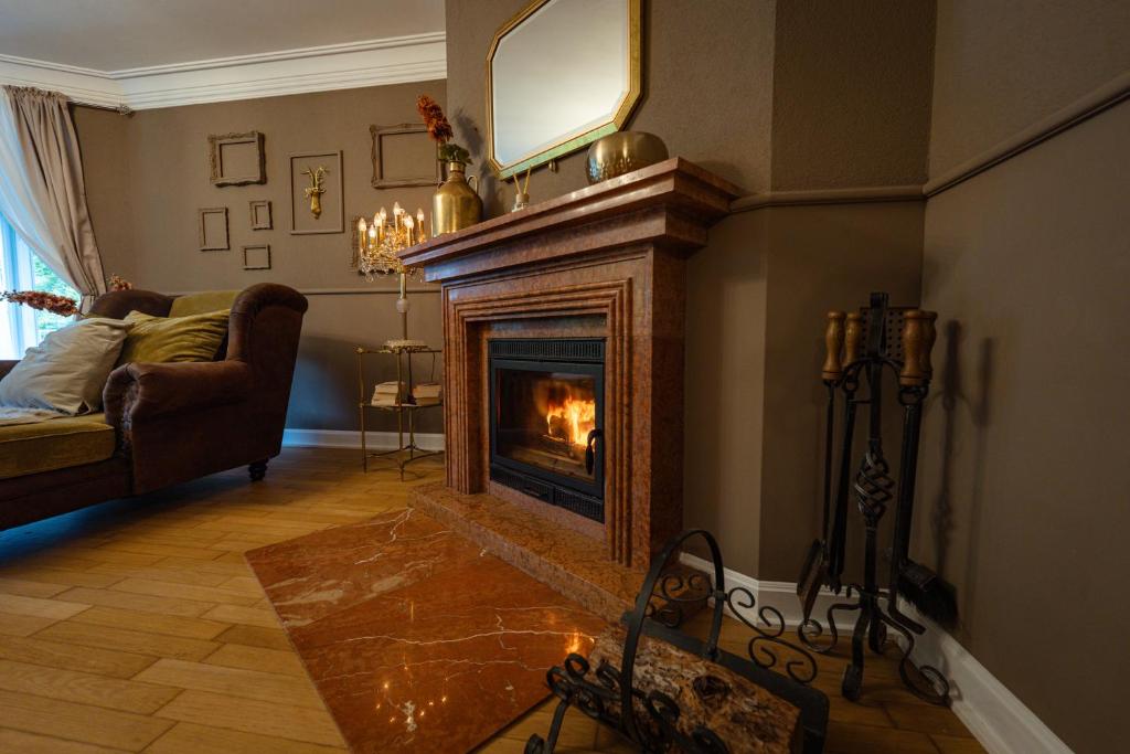 a living room with a fireplace and a couch at Wald Villa Schönau in Schönau an der Brend