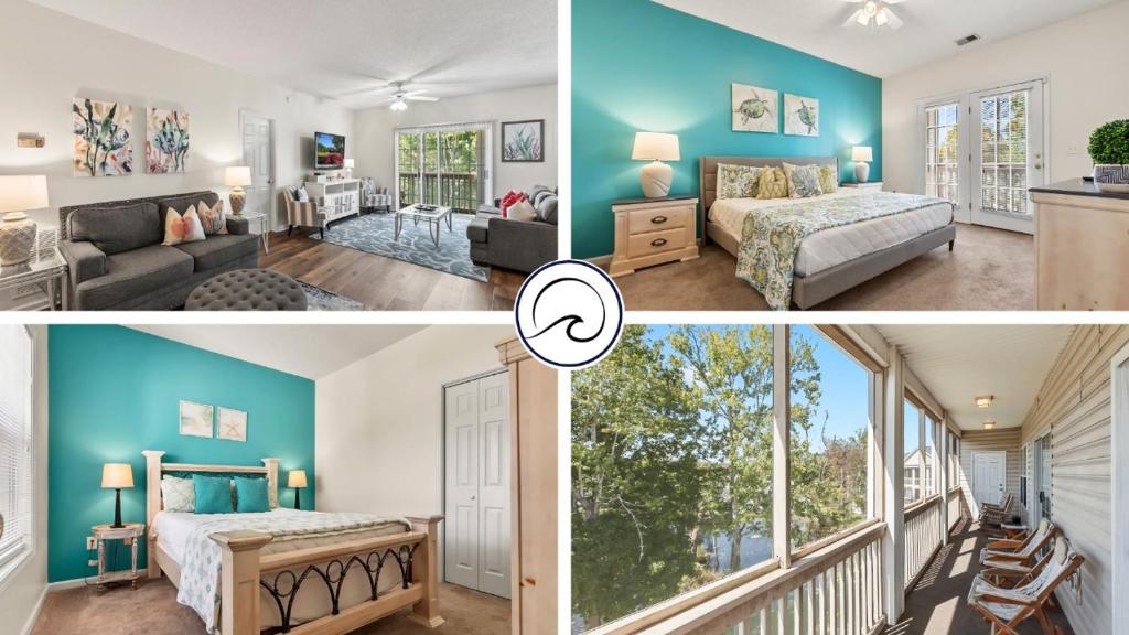 two pictures of a bedroom and a living room at Charming 3-Bedroom Cherry Grove Condo in Myrtle Beach