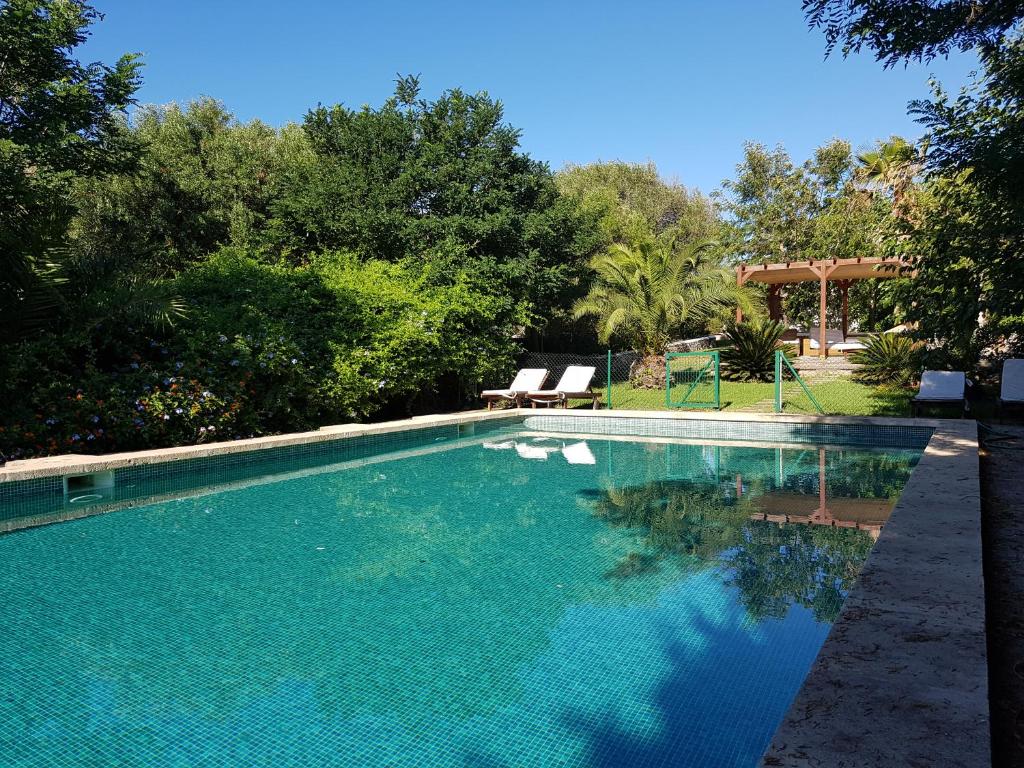 uma piscina com duas espreguiçadeiras e árvores em Son Blanc em Sant Lluis