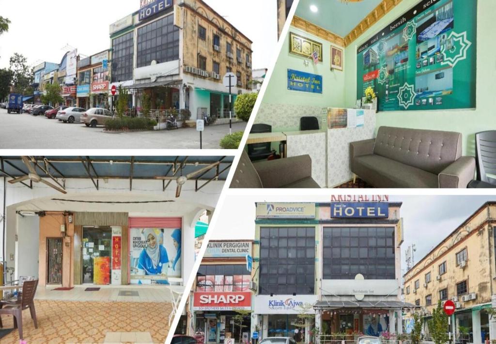 莎阿南KristaI Inn Hotel Shah Alam的一组四张建筑物和街道的图片
