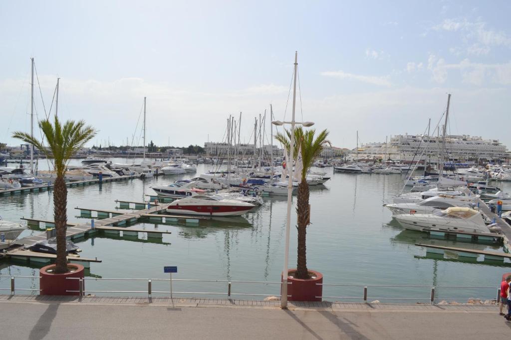 a group of boats docked in a marina with palm trees at TP Coral 1 - Marina Vilamoura Apartment in Vilamoura