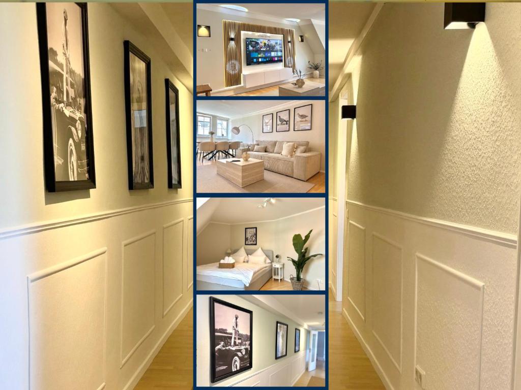 a series of pictures of a room with a door at HyggeLiving - 94 qm - Blick auf Marktkirche - 65 Zoll TV - Hunde - NEU in Goslar