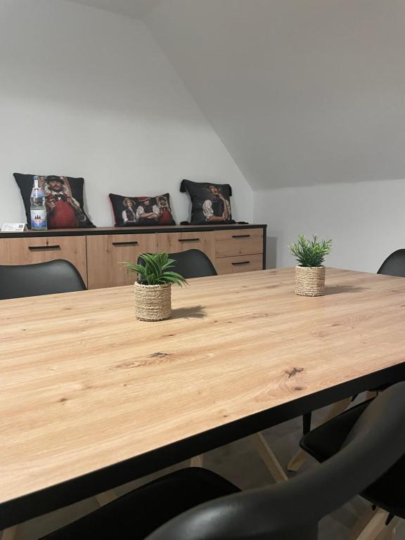 a wooden table with two potted plants on it at Black Forest apartment in Rottweil in Rottweil