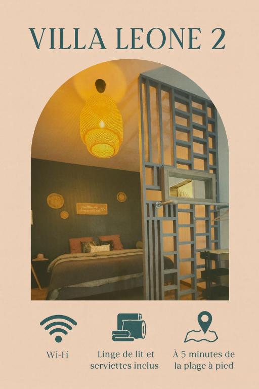 a poster of a room with a bed and a light at Villa Leone Rénové à 500m de la Plage in Dunkerque