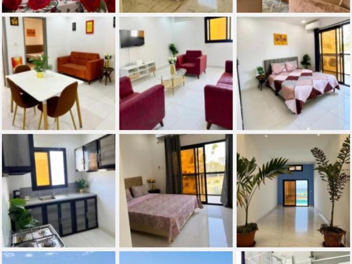 a collage of pictures of a living room and a bedroom at appartement virage océan view in Saly Portudal