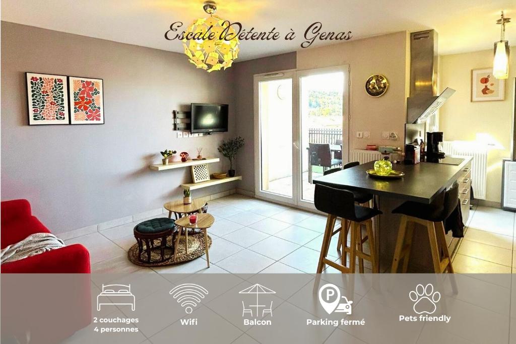a kitchen and living room with a table and a couch at Escale Détente Genas proche Eurexpo in Genas