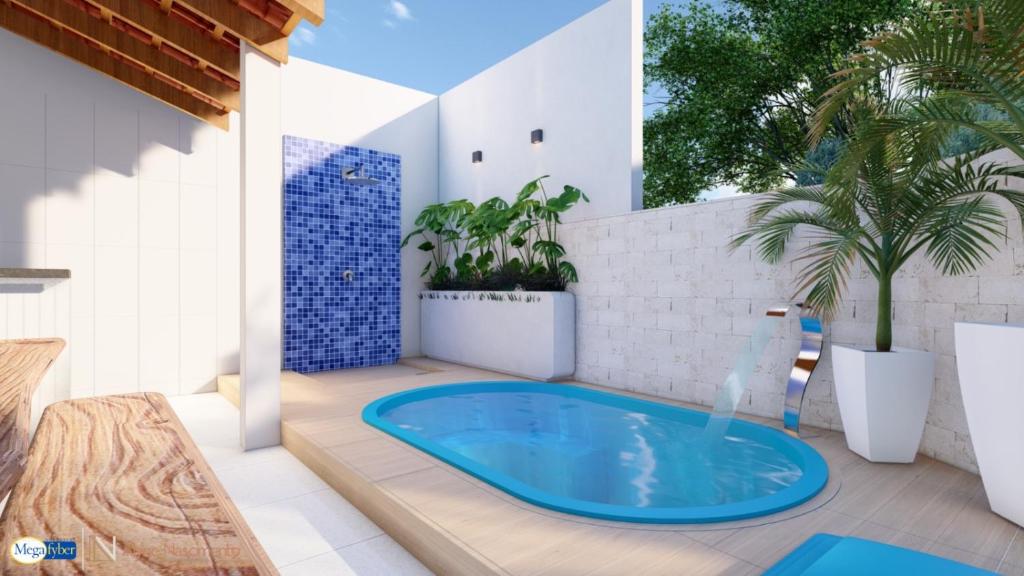 Bazén v ubytování Casasveraneio casa top com 3 suítes com ar condicionado a 100 m da Praia - Barra de São Miguel, 7 minutos do gunga e 3 da praia bonita e conchas ! Área gourmet particular com churrasqueira , chuveirão !condomínio com muito verde,piscina de 10m! nebo v jeho okolí