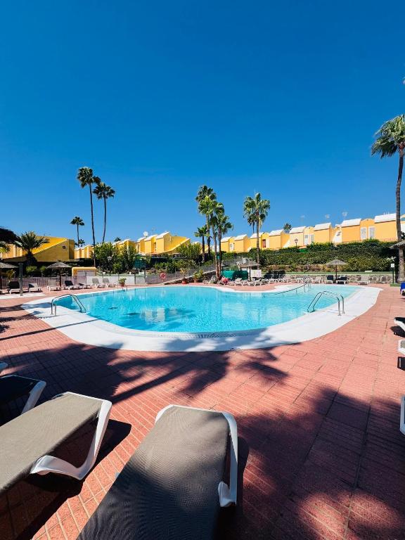 a large swimming pool with chairs and palm trees at Bungalow Casita in Maspalomas